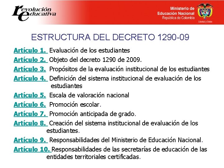 ESTRUCTURA DEL DECRETO 1290 -09 Artículo 1. Evaluación de los estudiantes Artículo 2. Objeto