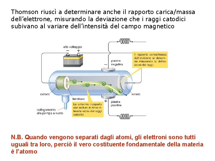 Thomson riuscì a determinare anche il rapporto carica/massa dell’elettrone, misurando la deviazione che i