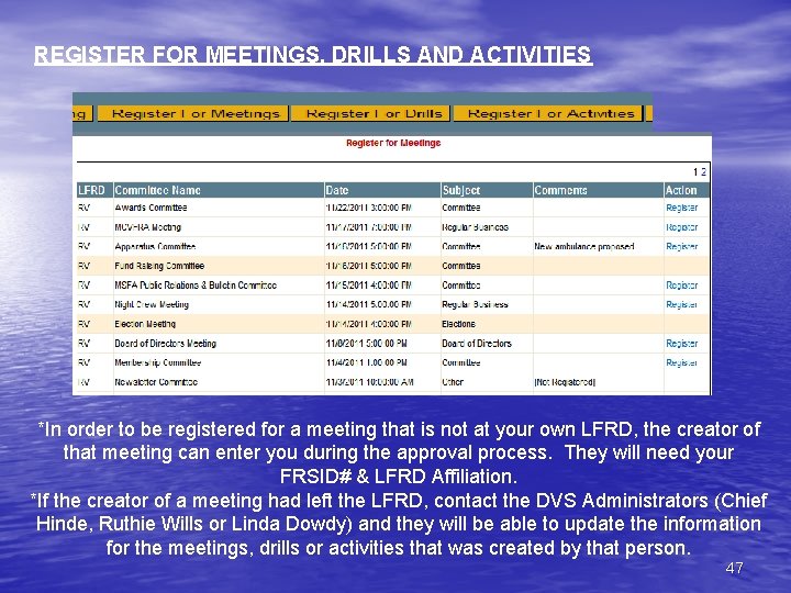 REGISTER FOR MEETINGS, DRILLS AND ACTIVITIES *In order to be registered for a meeting