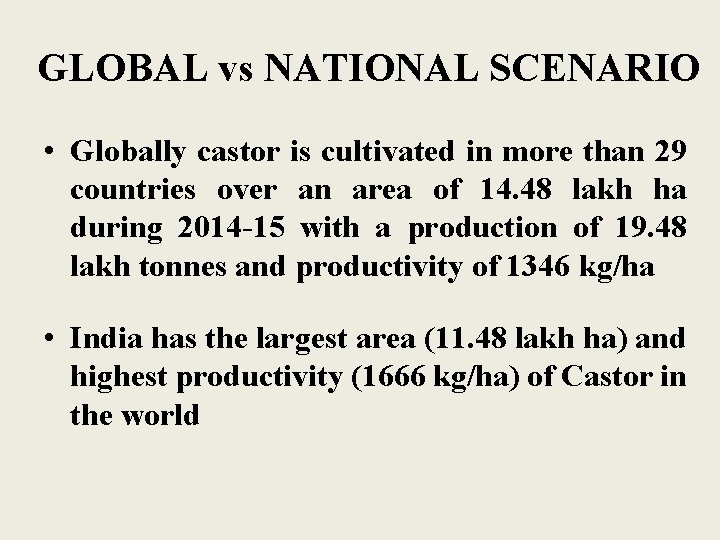 GLOBAL vs NATIONAL SCENARIO • Globally castor is cultivated in more than 29 countries
