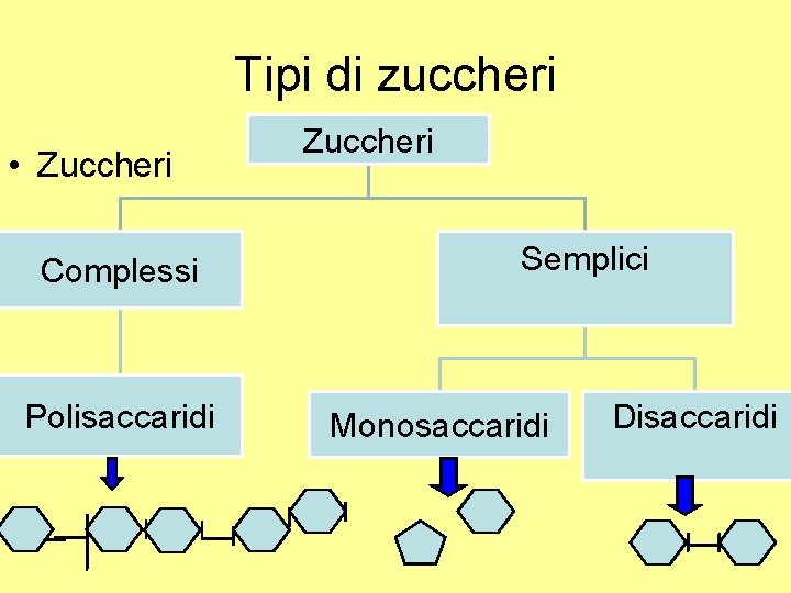 Tipi di zuccheri • Zuccheri Complessi Polisaccaridi Zuccheri Semplici Monosaccaridi Disaccaridi 