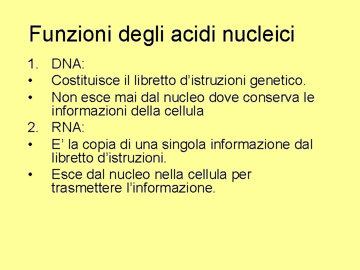 Funzioni degli acidi nucleici 1. DNA: • Costituisce il libretto d’istruzioni genetico. • Non