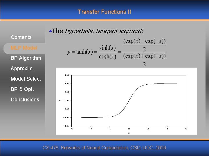 Transfer Functions II Contents • The hyperbolic tangent sigmoid: MLP Model BP Algorithm Approxim.
