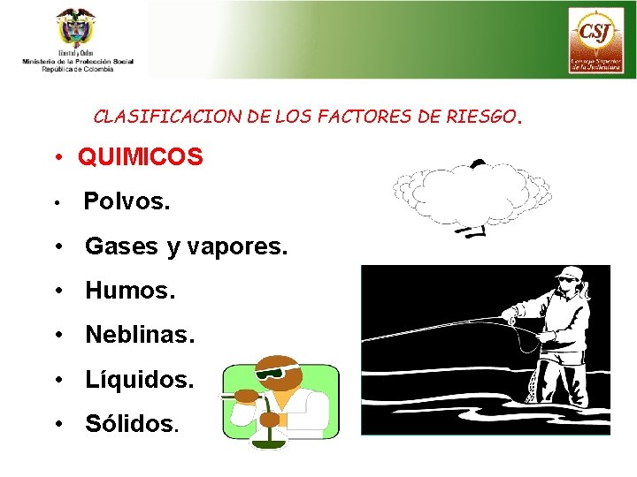 CLASIFICACION DE LOS FACTORES DE RIESGO. • QUIMICOS • Polvos. • Gases y vapores.