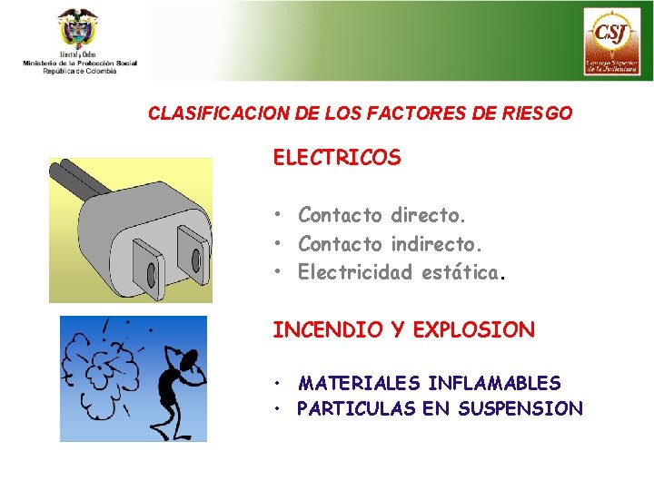 CLASIFICACION DE LOS FACTORES DE RIESGO ELECTRICOS • Contacto directo. • Contacto indirecto. •