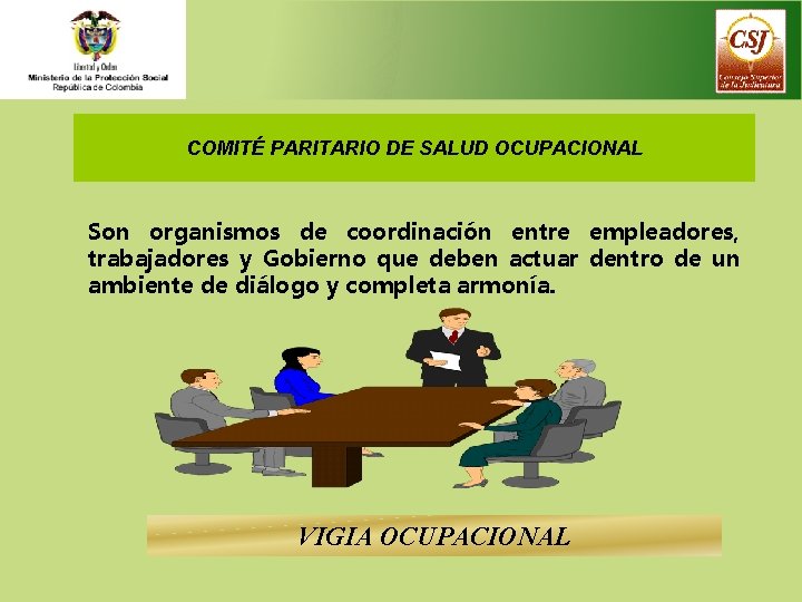 COMITÉ PARITARIO DE SALUD OCUPACIONAL Son organismos de coordinación entre empleadores, trabajadores y Gobierno