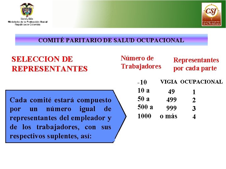 COMITÉ PARITARIO DE SALUD OCUPACIONAL SELECCION DE REPRESENTANTES Cada comité estará compuesto por un