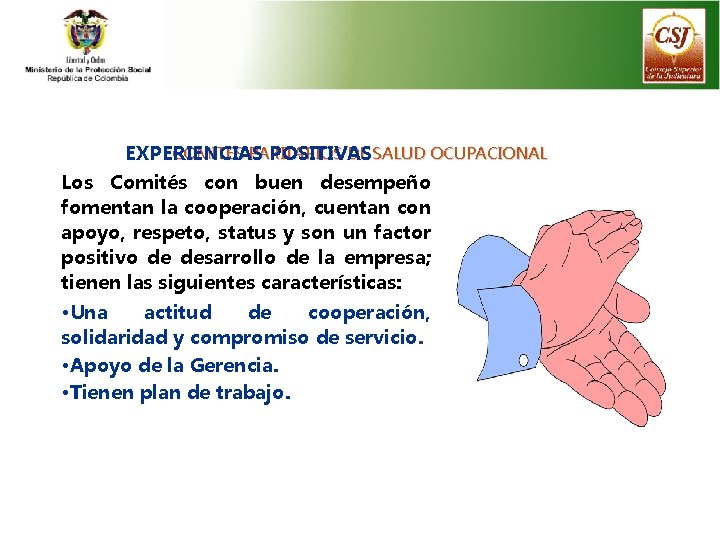 COMITES PARITARIOS DE SALUD OCUPACIONAL EXPERIENCIAS POSITIVAS Los Comités con buen desempeño fomentan la