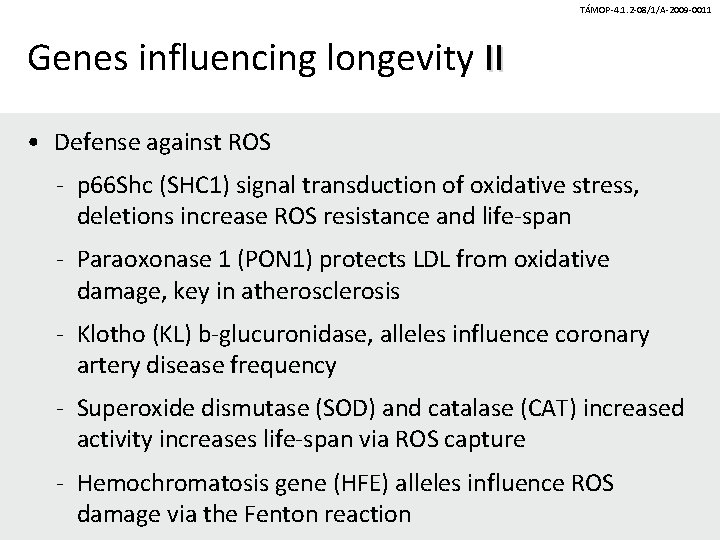 TÁMOP-4. 1. 2 -08/1/A-2009 -0011 Genes influencing longevity II • Defense against ROS -