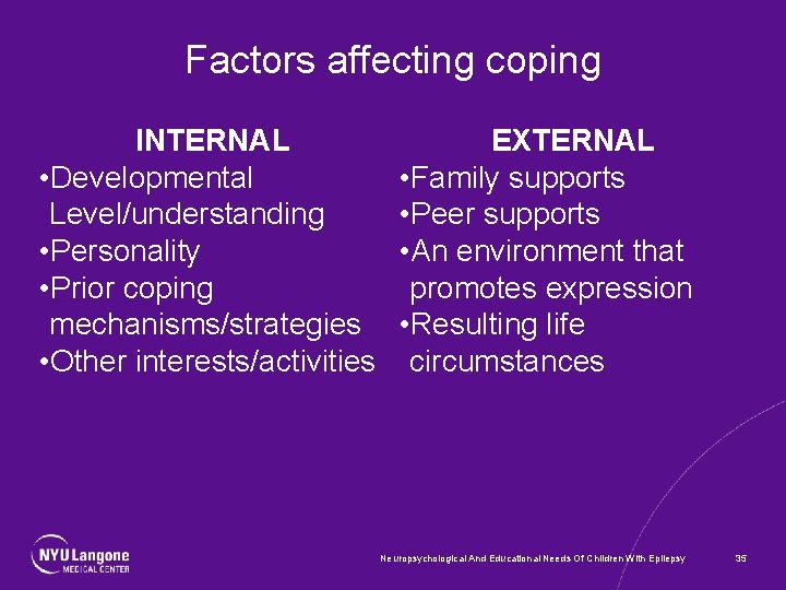 Factors affecting coping INTERNAL • Developmental Level/understanding • Personality • Prior coping mechanisms/strategies •