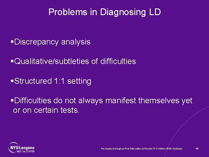 Problems in Diagnosing LD §Discrepancy analysis §Qualitative/subtleties of difficulties §Structured 1: 1 setting §Difficulties