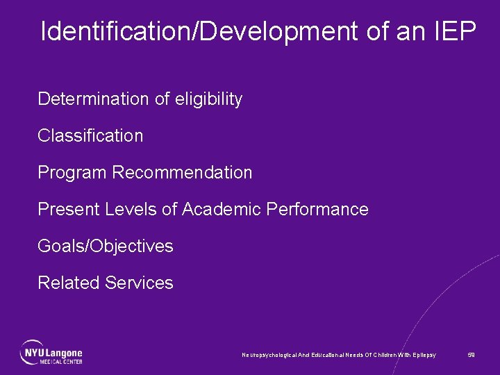 Identification/Development of an IEP Determination of eligibility Classification Program Recommendation Present Levels of Academic