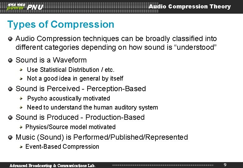 세계로 미래로 power PNU Audio Compression Theory Types of Compression Audio Compression techniques can