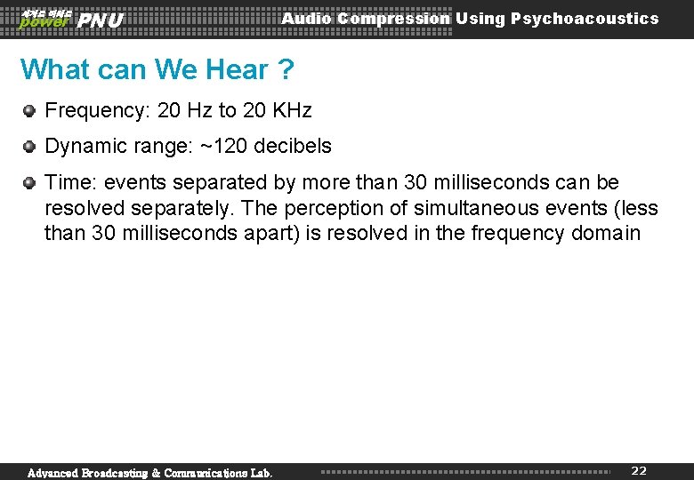 세계로 미래로 power PNU Audio Compression Using Psychoacoustics What can We Hear ? Frequency: