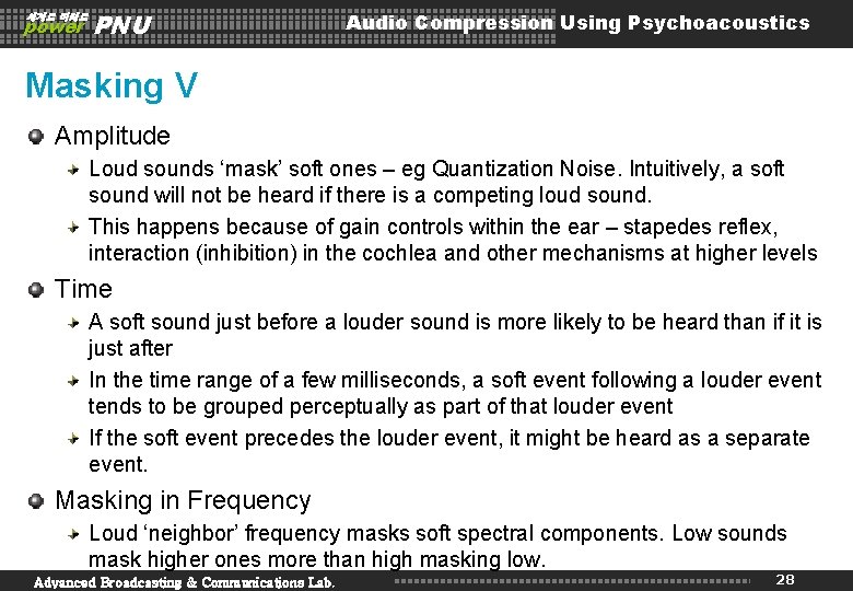 세계로 미래로 power PNU Audio Compression Using Psychoacoustics Masking V Amplitude Loud sounds ‘mask’