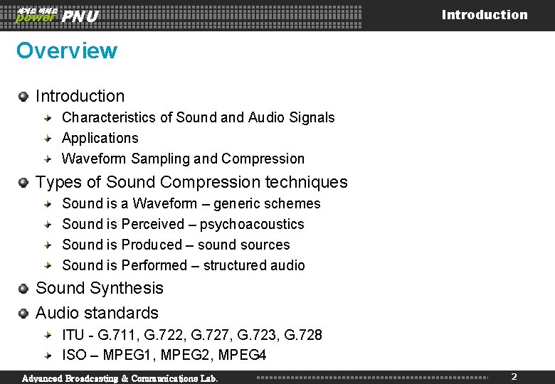 세계로 미래로 power PNU Introduction Overview Introduction Characteristics of Sound and Audio Signals Applications