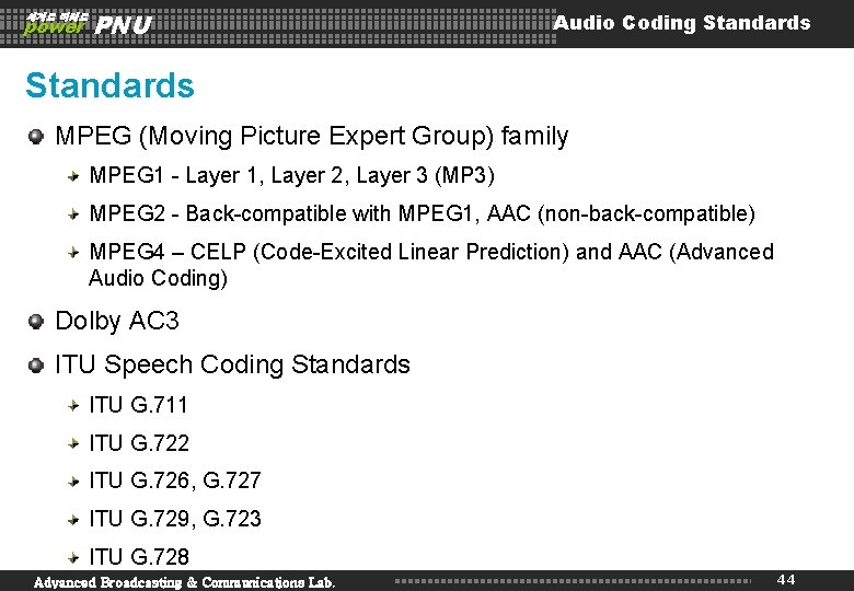 세계로 미래로 power PNU Audio Coding Standards MPEG (Moving Picture Expert Group) family MPEG