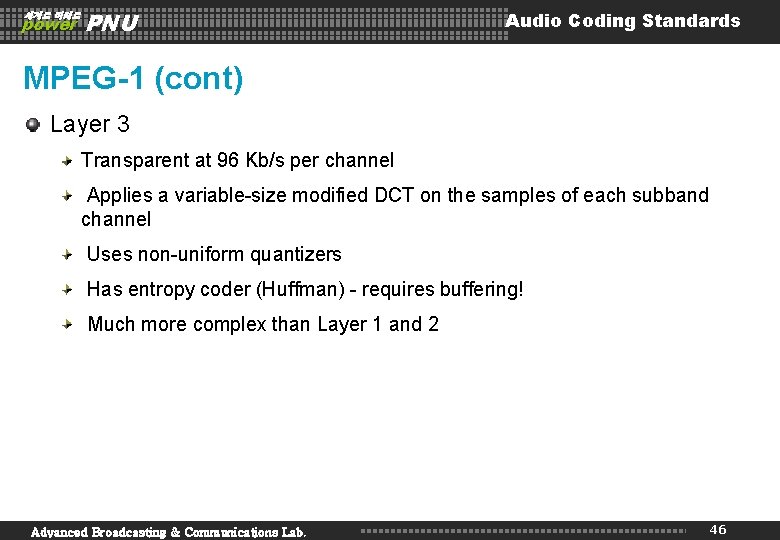 세계로 미래로 power PNU Audio Coding Standards MPEG-1 (cont) Layer 3 Transparent at 96