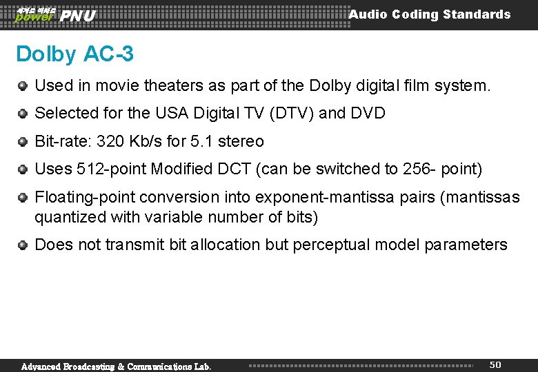 세계로 미래로 power PNU Audio Coding Standards Dolby AC-3 Used in movie theaters as