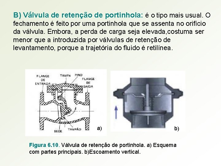 B) Válvula de retenção de portinhola: é o tipo mais usual. O fechamento é