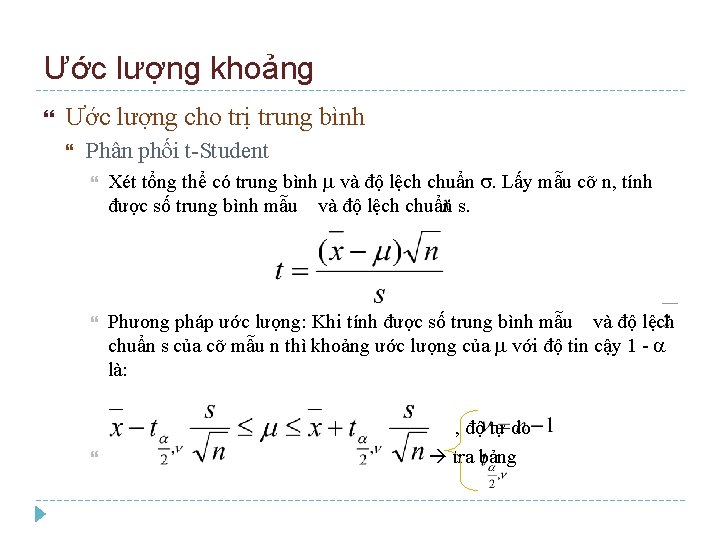 Ước lượng khoảng Ước lượng cho trị trung bình Phân phối t-Student Xét tổng