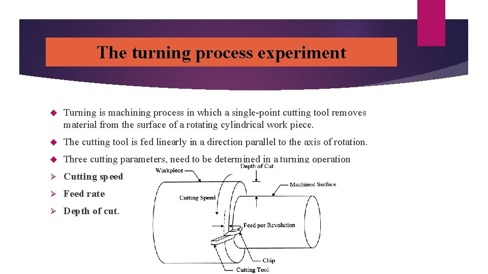 The turning process experiment Turning is machining process in which a single-point cutting tool