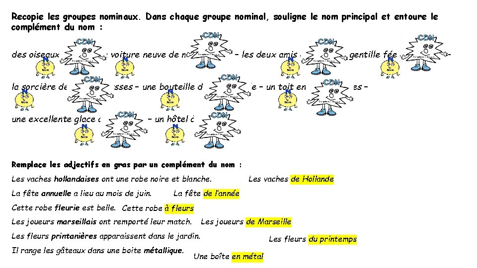 Recopie les groupes nominaux. Dans chaque groupe nominal, souligne le nom principal et entoure