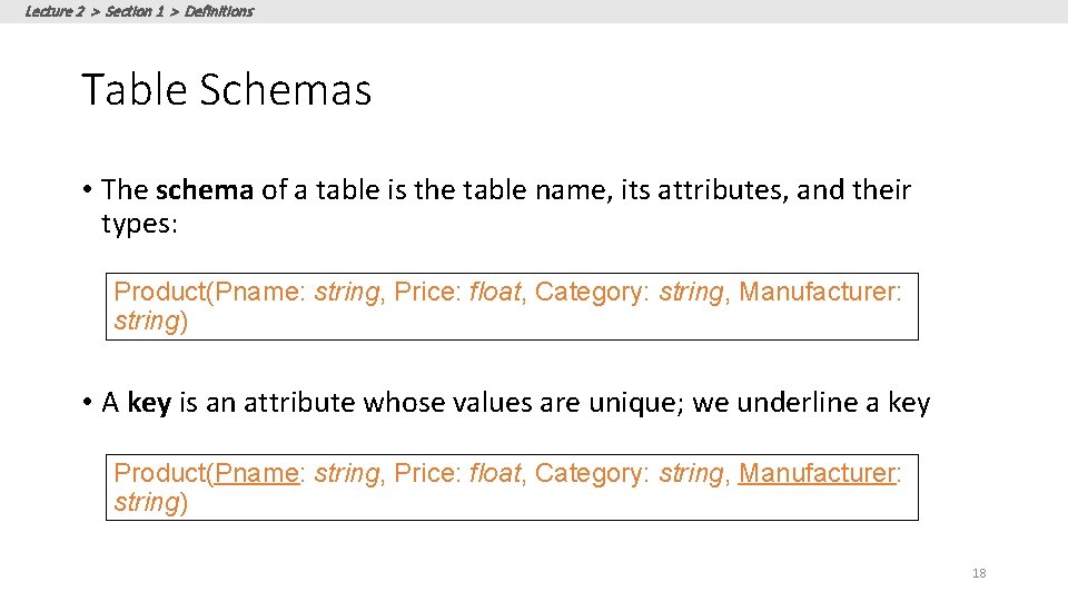 Lecture 2 > Section 1 > Definitions Table Schemas • The schema of a Lecture 2 > Section 1 > Definitions Table Schemas • The schema of a