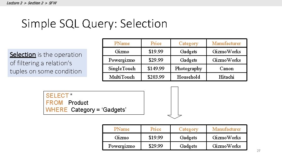 Lecture 2 > Section 2 > SFW Simple SQL Query: Selection is the operation Lecture 2 > Section 2 > SFW Simple SQL Query: Selection is the operation