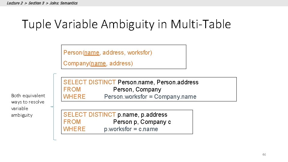 Lecture 2 > Section 3 > Joins: Semantics Tuple Variable Ambiguity in Multi-Table Person(name, Lecture 2 > Section 3 > Joins: Semantics Tuple Variable Ambiguity in Multi-Table Person(name,