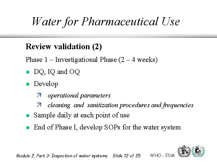 Water for Pharmaceutical Use Review validation (2) Phase 1 – Investigational Phase (2 –