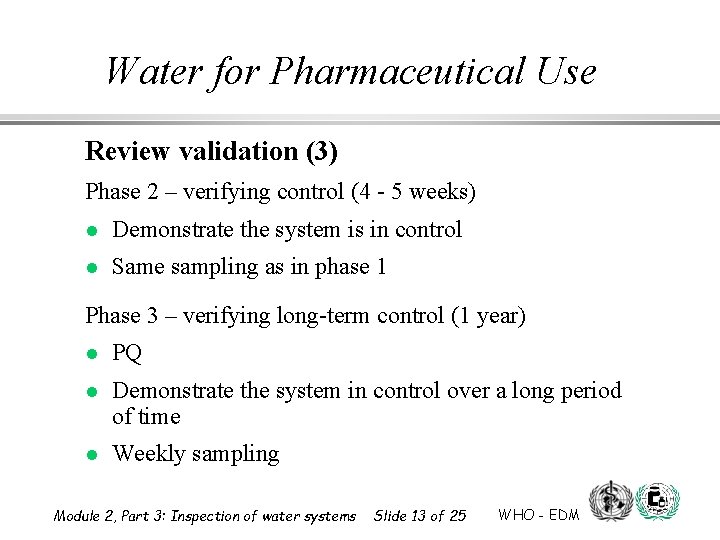 Water for Pharmaceutical Use Review validation (3) Phase 2 – verifying control (4 -