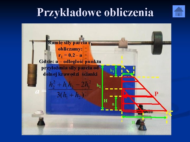 Przykładowe obliczenia Ramię siły parcia r 1 obliczamy: r 1 = 0, 2 -