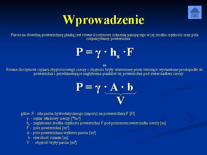 Wprowadzenie Parcie na dowolną powierzchnię płaską jest równe iloczynowi ciśnienia panującego w jej środku