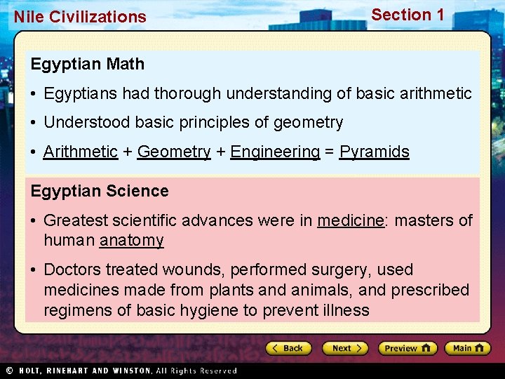 Nile Civilizations Section 1 Egyptian Math • Egyptians had thorough understanding of basic arithmetic Nile Civilizations Section 1 Egyptian Math • Egyptians had thorough understanding of basic arithmetic