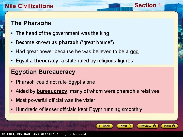 Nile Civilizations Section 1 The Pharaohs • The head of the government was the Nile Civilizations Section 1 The Pharaohs • The head of the government was the