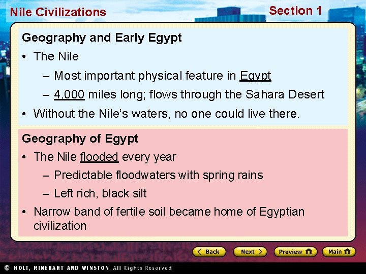 Nile Civilizations Section 1 Geography and Early Egypt • The Nile – Most important Nile Civilizations Section 1 Geography and Early Egypt • The Nile – Most important