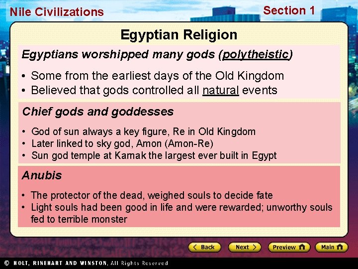 Section 1 Nile Civilizations Egyptian Religion Egyptians worshipped many gods (polytheistic) • Some from Section 1 Nile Civilizations Egyptian Religion Egyptians worshipped many gods (polytheistic) • Some from