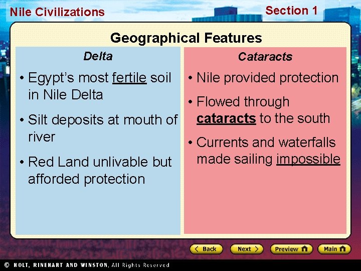 Section 1 Nile Civilizations Geographical Features Delta Cataracts • Egypt’s most fertile soil in Section 1 Nile Civilizations Geographical Features Delta Cataracts • Egypt’s most fertile soil in