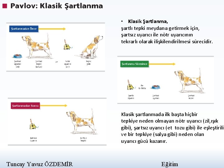  • Klasik Şartlanma, şartlı tepki meydana getirmek için, şartsız uyarıcı ile nötr uyarıcının