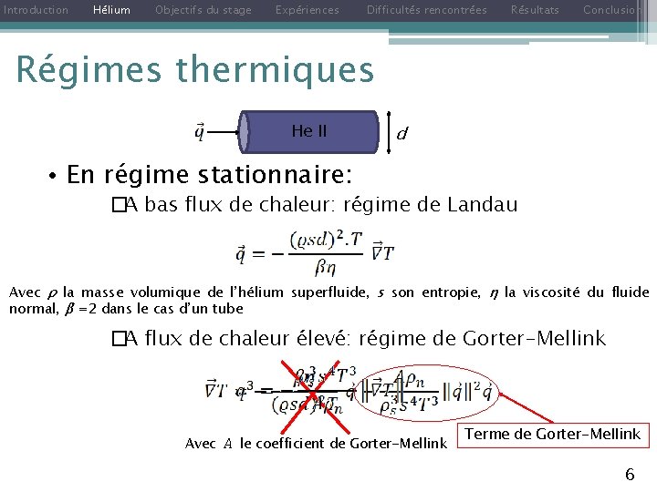 Introduction Hélium Objectifs du stage Expériences Difficultés rencontrées Résultats Conclusion Régimes thermiques He II