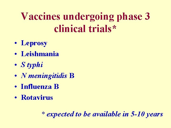 Vaccines undergoing phase 3 clinical trials* • • • Leprosy Leishmania S typhi N