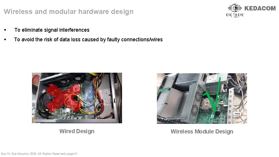 Wireless and modular hardware design § To eliminate signal interferences § To avoid the
