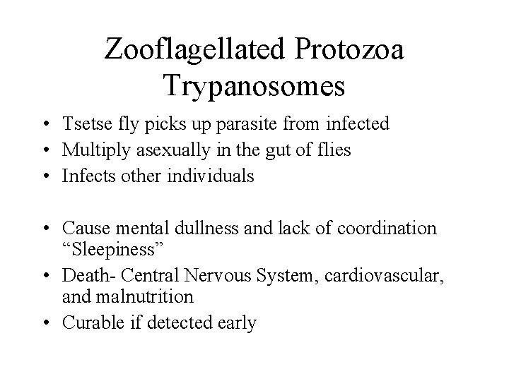 Zooflagellated Protozoa Trypanosomes • Tsetse fly picks up parasite from infected • Multiply asexually