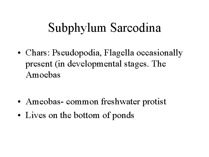 Subphylum Sarcodina • Chars: Pseudopodia, Flagella occasionally present (in developmental stages. The Amoebas •