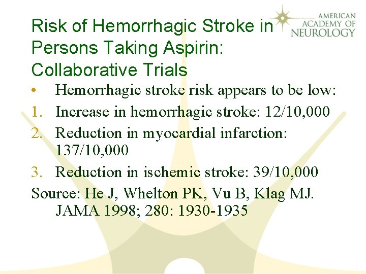 Risk of Hemorrhagic Stroke in Persons Taking Aspirin: Collaborative Trials • Hemorrhagic stroke risk