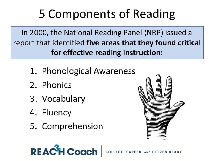 5 Components of Reading In 2000, the National Reading Panel (NRP) issued a report