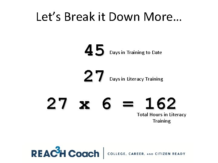 Let’s Break it Down More… 45 27 27 x 6 = 162 Days in