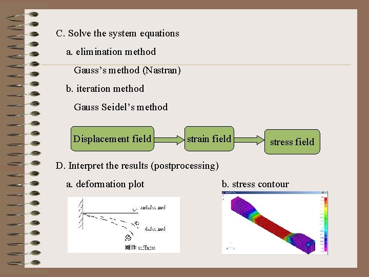 C. Solve the system equations a. elimination method Gauss’s method (Nastran) b. iteration method