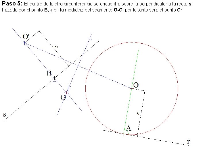 Paso 5: El centro de la otra circunferencia se encuentra sobre la perpendicular a